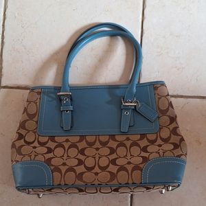 Fabric Coach bag with blue leather trim
